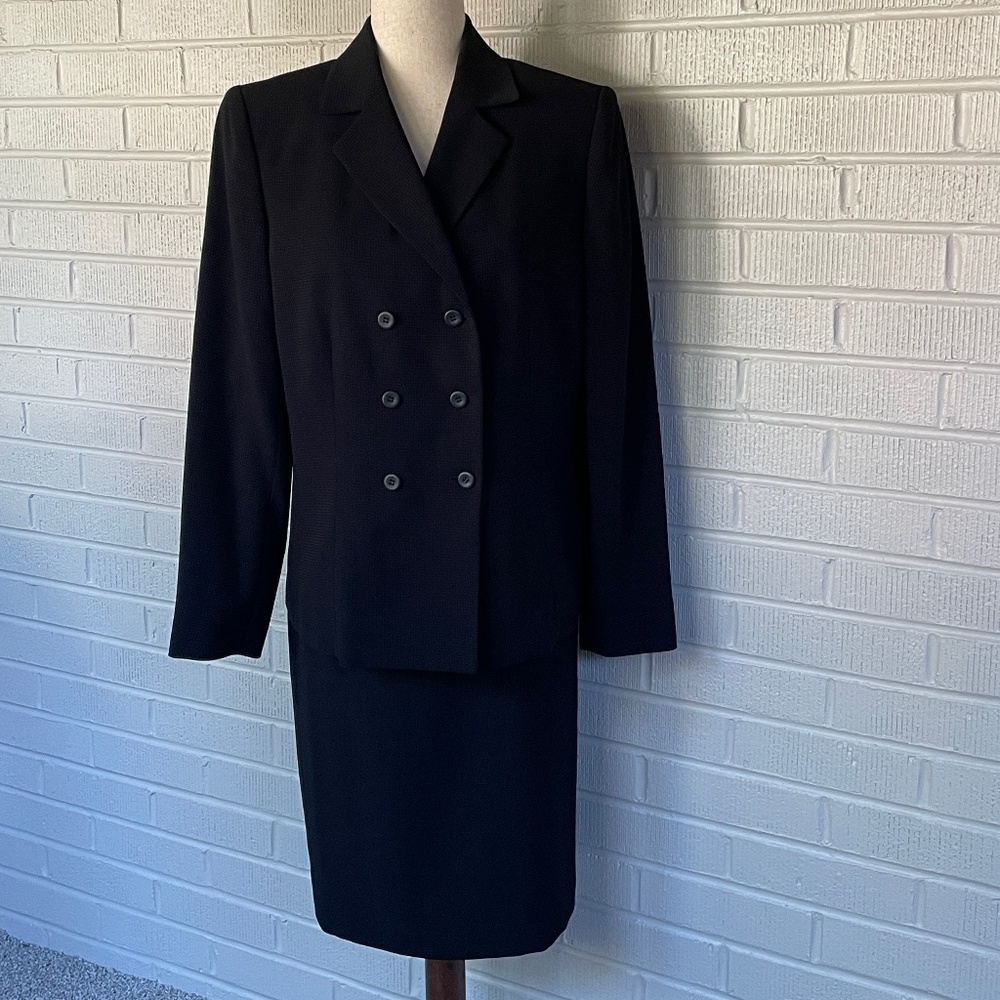 Worthington Skirt Suit Size 10 Navy Blue Pin Dot Midi Length